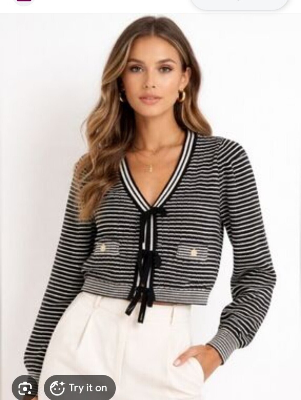 NWT Nicole Miller Striped Black & White V-Neck Tie-Front Sweater